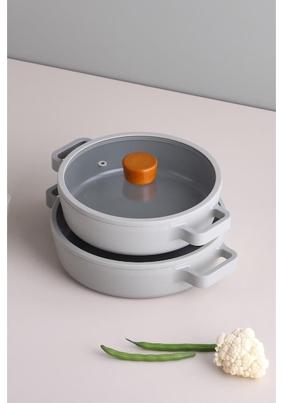 Neoflam Fika Cam Kapaklı Alüminyum 2'li Sahan Set 20 - 22cm Gri