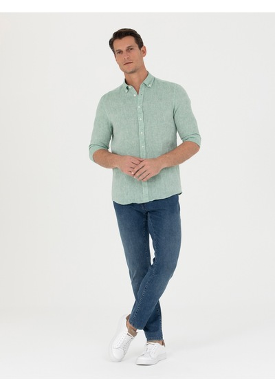 Cacharel Haki Slim Fit %100 Keten Gömlek Yeşil