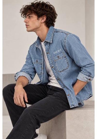 Little Cup Jeans Co Açık Mavi Premium Tok Kumaş Çift Cep 90lar Erkek Denim Kot Gömlek