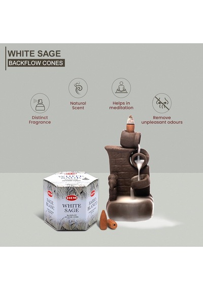 Hem Tütsü Geri Akış Şelale Beyaz Adaçayı Kokulu 40 Konik Tütsü - White Sage Backflow Incense Cones