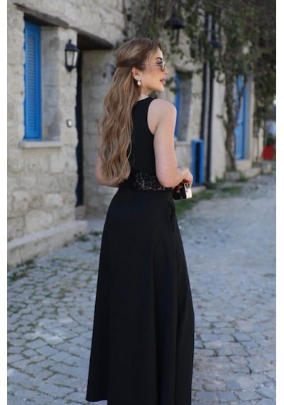 Veraura Lifestyle Kadın Omuzlardan Açık Yakası Açık Beli Dantelli Yırtmaçlı Uzun Janjan Krep Elbise Siyah