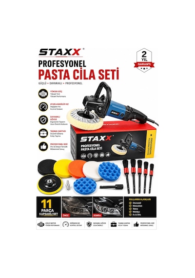Staxx Stpol1411 1400w Pasta Cila Polisaj Makinesi 180 Mm Devir Ayarlı Bakır Sargılı 11parça Full Set