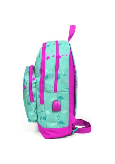Coral High Kids Dört Gözlü Kız Çocuk İlkokul Çantası Yeşil Flamingolar Baskılı - USB+AUX Soketli 23275