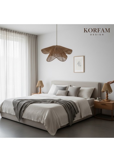 Breeze Modeli Kahverengi Avize & Abajur Set - Hasır El Yapımı Bohem Avize 2'li Ahşap Ayaklı Rustik Abajur Set Çok Renkli