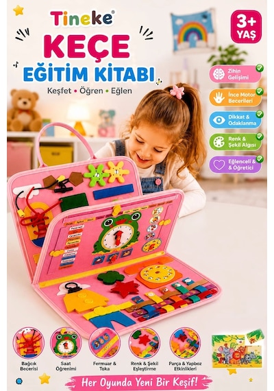 TİNEKE 3+ Yaş Keçe Eğitim Kitabı Montessori Eğitici Aktivite Oyuncağı Beceri ve Zeka Geliştirici Çocuk Kitabı 4 SAYFA PEMBE - İNG