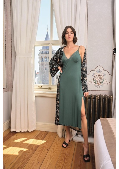 İkikareshop Çiçek Ve Yaprak Desenli Dantelli Ve Dekolteli Sabahlık Takımı Çok Renkli