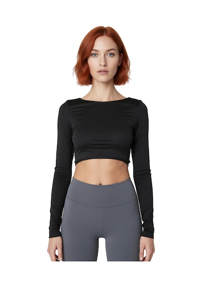 Ersefa Moda Bisiklet Yaka Örme Fit Düz Desen Sportswear Crop Uzun Kol Bl siyah