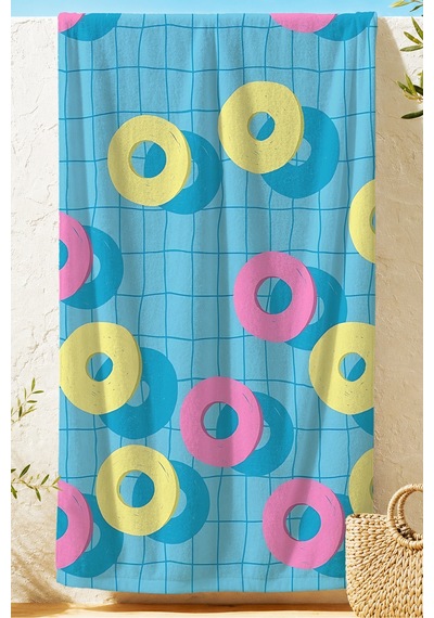 Halka Simit Desenli Mavi Plaj Havlusu - Tropikal Modern Pembe Sarı Havuz Deniz Banyo Sahil Örtüsü Çiy Zeytin
