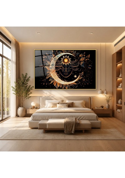 Altın Hilal İçinde Güneş Yüzlü Kadın Gold Çerçeveli Cam Tablo