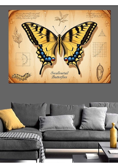 Swallowtail Butterflies Sarı Kırlangıç Kuyruklu Kelebek Eskiz Fonlu Dekoratif Kanvas - Mdf Ahşap Tablo