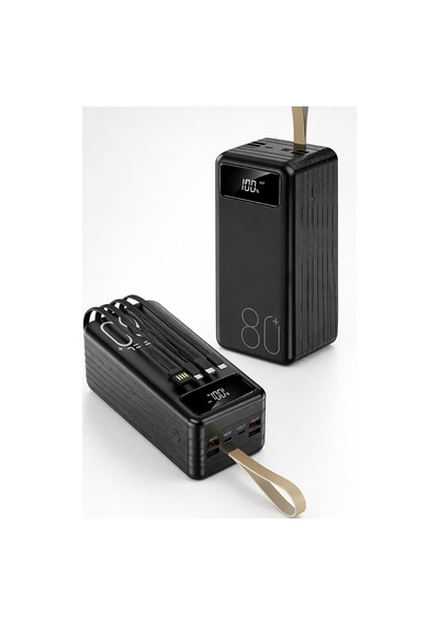 Exenar - Siyah - 80.000mah Powerbank Kamp Led Işıklı Kendinden Kablolu Powerbank 4xusb-1typec-1lightning Giriş