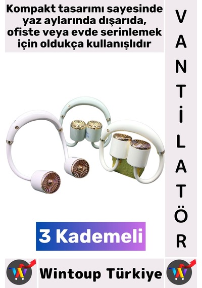 Vantilatör Kompakt Sessiz Hafif Kablosuz Taşınabilir Usb Şarjlı 3 Kademeli El Boyun Fanı Vantilatör