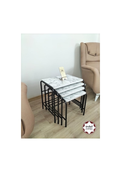 Evko Mobilya Buket Sehpa, 4'lü Zigon Sehpa, Servis Sehpası, Iç Içe Geçen Sehpa, Ahşap Sehpa, Dikdörtgen Sehpa Beyaz Mermer