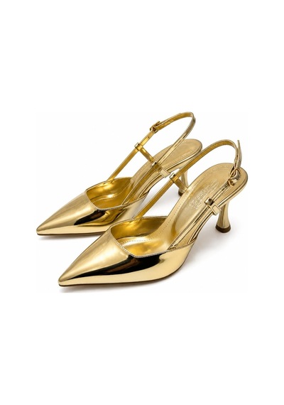 Asmi Shoes Kadın Matina Altın Rugan 7 Cm Topuklu Sivri Burun Arkası Açık Ayakkabı