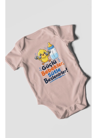 Morivokids Güçlü Bebekler Sütle Beslenir Kısa Kollu Bebek Body %100 Pamuk Pastel Pembe