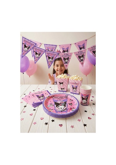 Kuromi Temalı Doğum Günü Parti Seti 8 Kişilik Tabak, Bardak, Balon, Flama, Popcorn Kutusu, Peçete