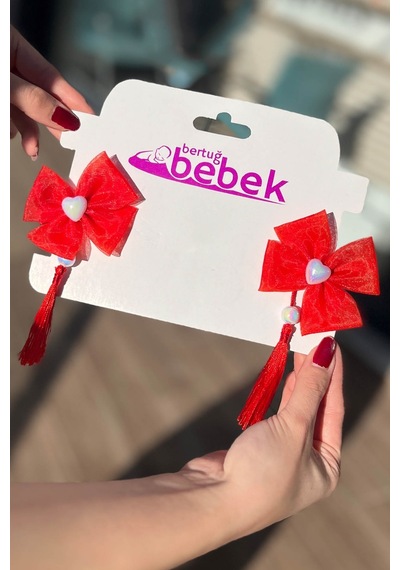 Kalpli Püsküllü Kırmızı Fiyonk Kız Çocuk Kadın Timsah Toka 001