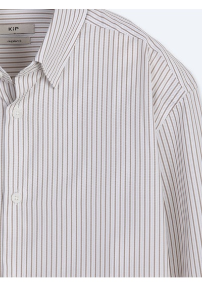 Kip Bej Çizgili Regular Fit Uzun Dokuma Casual %100 Pamuk Gömlek
