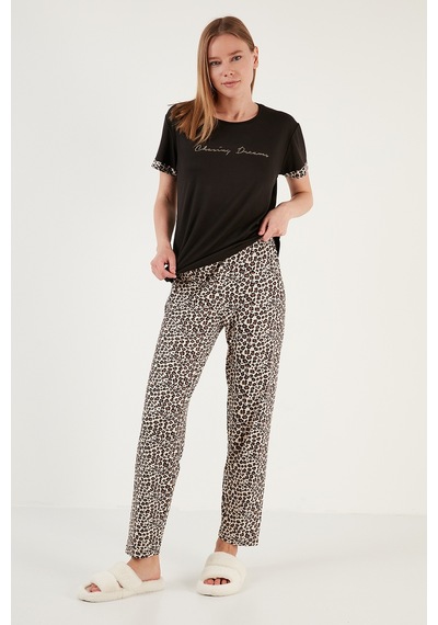 Lela Yumuşak Dokulu Bisiklet Yaka Bayan Pijama Takımı 6097605 Siyah-Leopar