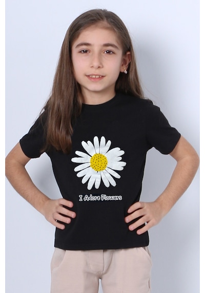 Hçm Kız Çocuk Tshirt Papatya Baskılı Bisiklet Yaka D26 Siyah