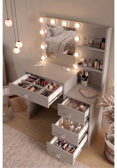 Yurudesign Monroe Makyaj Masası 4 Çekmeceli Düzenleyici Hollywood Led Işıklı Raflı Kumsal Mo2-co Yurudesign Monroe Makyaj Masası 4 Çekmeceli Düzenleyici Hollywood Led Işıklı Raflı Kumsal Mo2-co