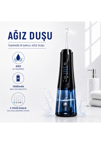 Ağız Duşu Şarjlı 320 Ml Su Hazneli 4 Modlu Su Geçirmez Taşınabilir Oral Irrigator 5 Başlıklı Derin Temizlik Type-c
