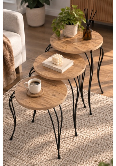 Sulorahome Lükens Metal Ayaklı Çam Desenli 3'lü Zigon Sehpa Takımı Atlantik Çam