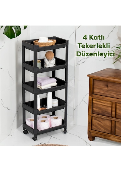 Porsima Rafty-75-eco-1 Tekerlekli 5 Katlı Mutfak Düzenleyici - 35,5 X 22 X 85 Cm Hareketli Geniş Raf - Siyah