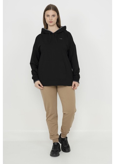 Maraton Sportswear Büyük Beden Kadın Kapşonlu Uzun Kol Basic Siyah Sweatshirt 21169-siyah