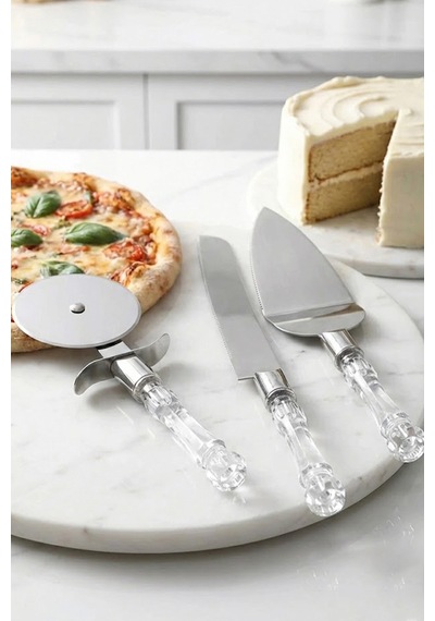 Thentech 3lü Kristal Görünümlü Saplı Çelik Servis Seti Pizza Kesici Kek Bıçağı Pasta Spatulası Çeyizlik Gri