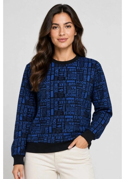 Freedom Storee Kadın Siyah Mavi Yazı Desenli İki İplik Şardonlu Sweatshirt Çok Renkli