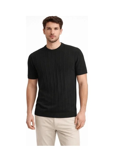 Vexor Erkek Yazlık Fitilli Triko Tişört Kısa Kol Bisiklet Yaka T-shirt - Siyah