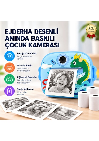 BLUE-1 Çocuklar İçin Anında Baskılı Dijital Fotoğraf Makinesi ,ejderha Desenli, Ekranlı, Mavi-1799