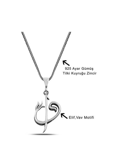 Gümüş Elif Vav Yazılı Kolye Gümüş