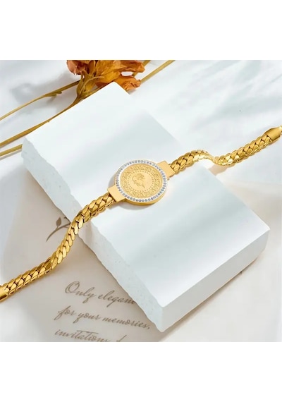 Gold Renk Çeyreklik Çelik Bileklik Zirkon Taşlı Ayarlanabilir Antialerjik Şık Ve Zarif Tasarım Gold