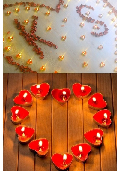 20 Kalpli Tealight Mum + 300 Kuru Gül Yaprağı Romantik Süs Kırmızı
