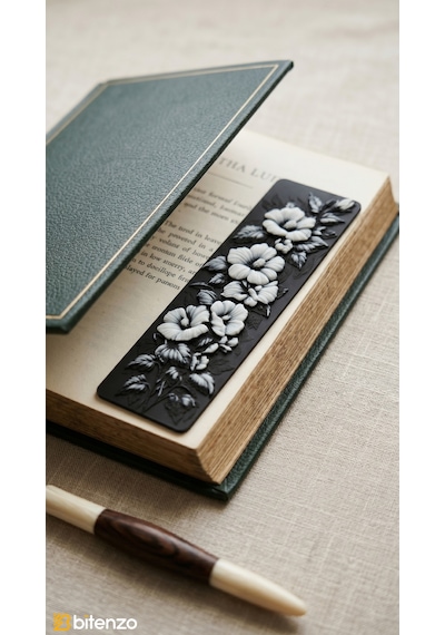 Floral Desenli Kabartma Dokulu Kitap Ayracı - Mat Siyah Sanatsal Çiçek Motifli Aksesuar
