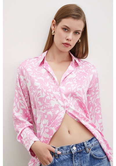 Never More Desenli Gofret Saten Gömlek Pembe Pembe