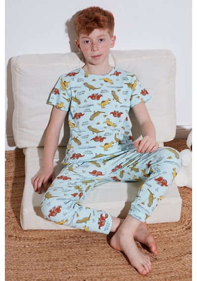 Lela Desenli % 100 Pamuk Bisiklet Yaka Erkek Çocuk Pijama Takımı 6651001 Mint