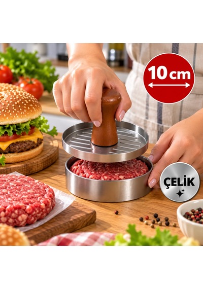 Paslanmaz Çelik Hamburger Köfte Presi 10 Cm Ahşap Saplı Burger Şekillendirme Aparatı Metalik
