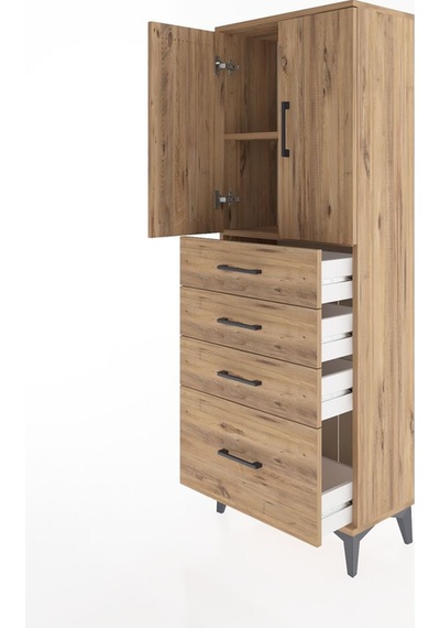 Arges Dolap 2 Raflı 4 Çekmeceli 2 Kapaklı 60x30x163 Çam-çam Çam