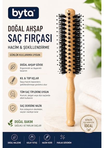 Doğal Ahşap Yuvarlak Saç Fırçası Top Uçlu Sık Kıllı Hacim Veren Şekillendirici Tarak