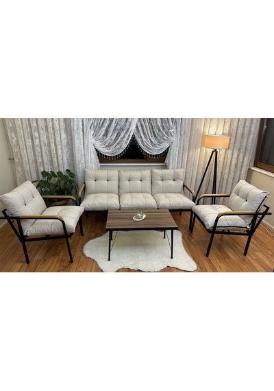Modern Style Home Modern Kadıköy Balkon, Bahçe, Cafe - Metal Kanepe Koltuk Takımı - 3+1+1+ Sehpa Krem Modernk029 Krem