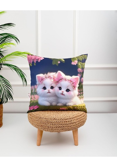 Kedi Fotoğraflı Pembe Çiçek Desenli Dijital Baskılı Dekoratif Kırlent Yastık Kılıfı Çok Renkli