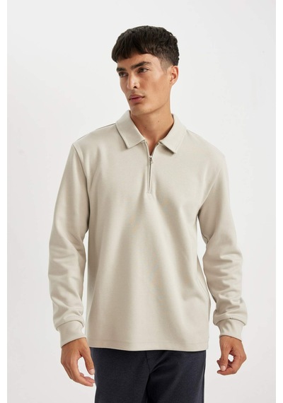 DeFacto Regular Fit Polo Yaka Yarım Fermuarlı Basic Düz Sweatshirt D2279AX24AUGR425 Gri