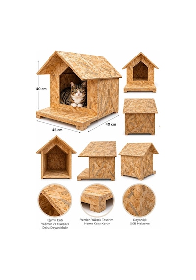 Reyo Kedi Evi 45x40x40 cm, Kedi Barınağı Yağmur ve Rüzgara Dayanıklı OSB Ahşap Kedi Yuvası CAT20
