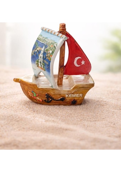 Kemer Hatırası Seramik Mini Gemi Yelkenli Biblo Dekoratif Şık Hediyelik Obje Türk Bayrağı Detaylı
