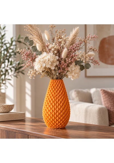 Kabartma Desenli Dekoratif Vazo 20 Cm Modern Tasarım Turuncu