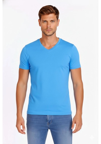 Novalisse Erkek Body T-shirt V Yaka Slim Fit Likralı Kısa Kol Tişört - Açık Mavi Çoklu Renk