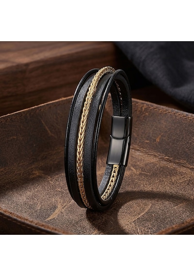 Premium Gold Çelik Zincir Detaylı Çoklu Deri Erkek 316l Çelik Bileklik 31834b18d1 Siyah - Altın